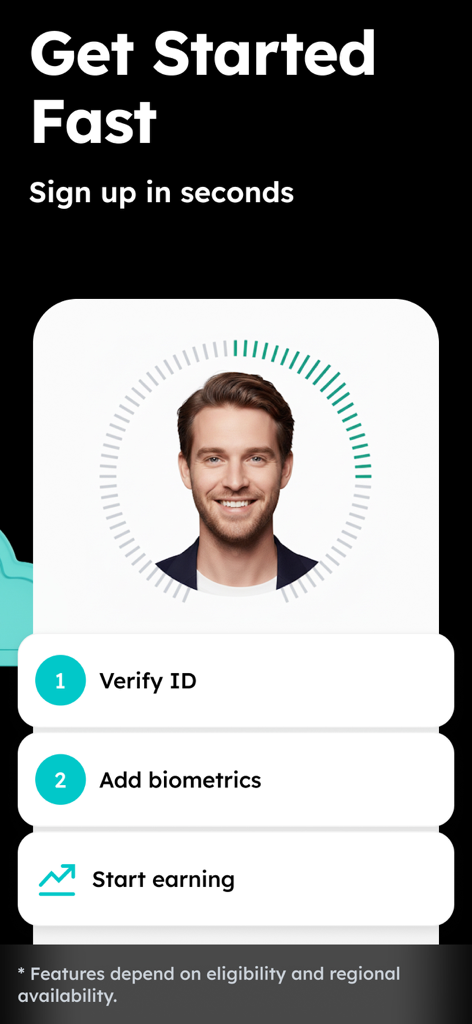 Zeal: Digital Wallet & Card - Schermata dell'app Zeal che mostra un processo di iscrizione rapido in tre passaggi, inclusa la verifica dell'identità e la configurazione biometrica