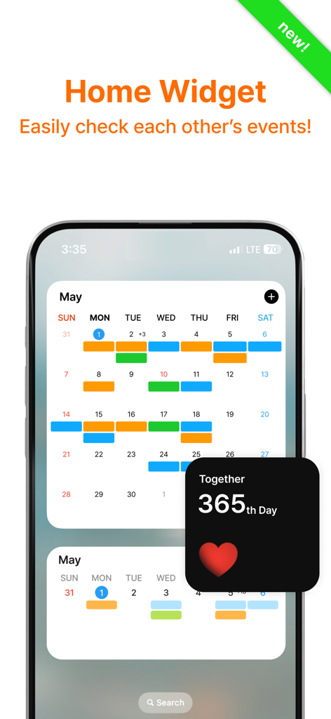 iPhone home screen displaying shared calendar and anniversary countdown widgets for couples