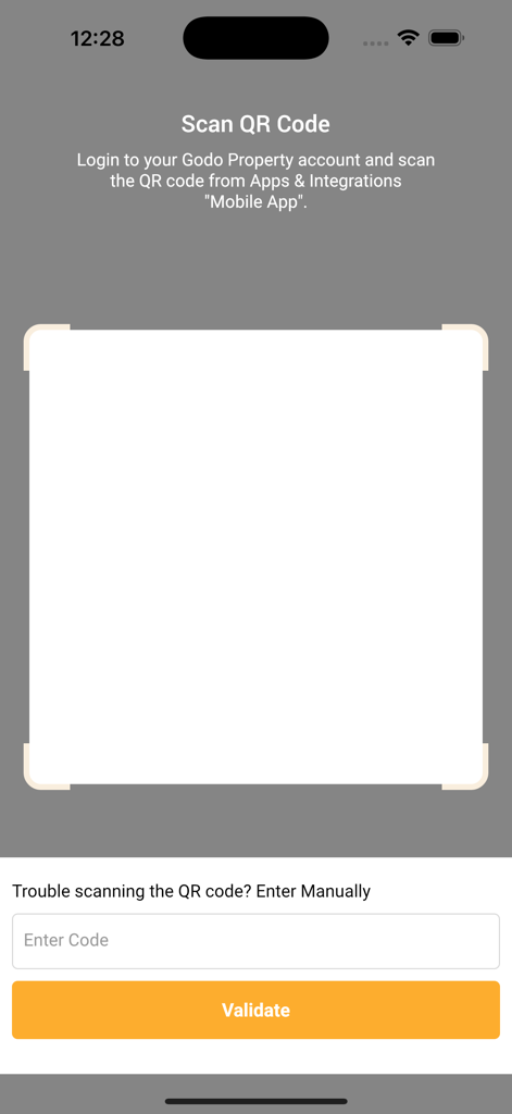 GODO Property - Écran de scanner de code QR de l'application Godo Property pour lier les comptes mobiles