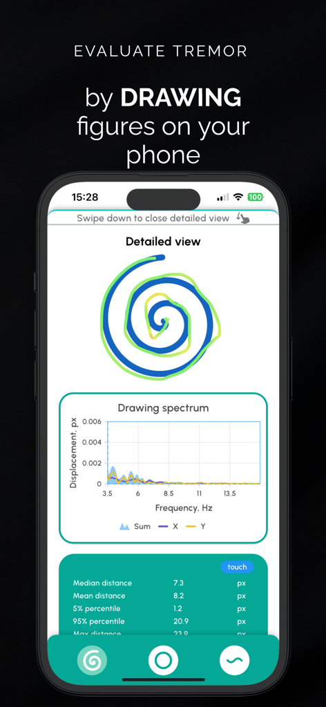 Steady Hands - tremor meter - Steady Hands app screen displaying a spiral drawing test for tremor evaluation with data analysis charts