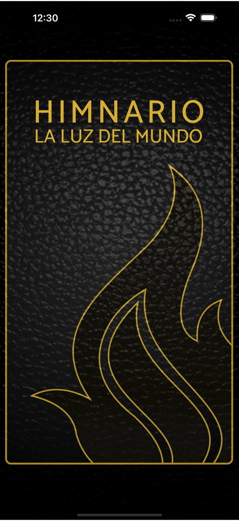 Himnario La Luz del Mundo app splash screen with a golden flame icon on a black leather background