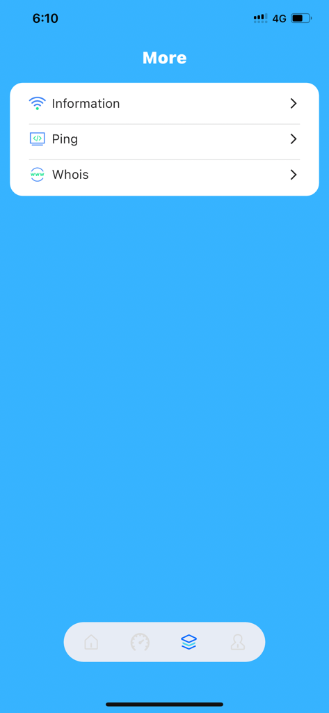 Screenshot of the MAX VPN app menu showing network utility tools including Information, Ping, and Whois.