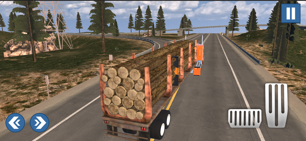 Jugabilidad de American Truck Simulator Era que muestra un camión naranja transportando una carga pesada de troncos en una autopista.