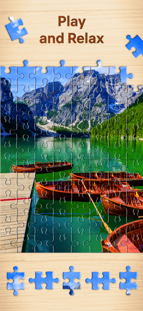 A digital jigsaw puzzle showing a serene mountain lake with wooden boats.