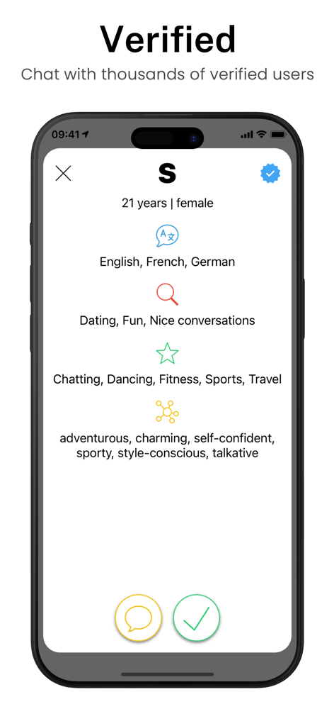 A verified anonymous user profile on the Twiq app displaying interests and personality traits without a photo.