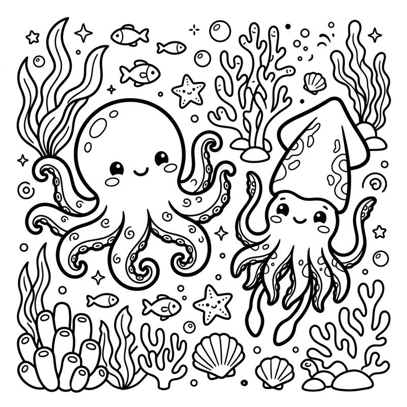 Immerse yourself in an underwater world of cuteness with this delightful Kawaii octopus and squid coloring page. Featuring friendly sea creatures and playful ocean elements, it's perfect for all ages to enjoy a splash of creative fun.