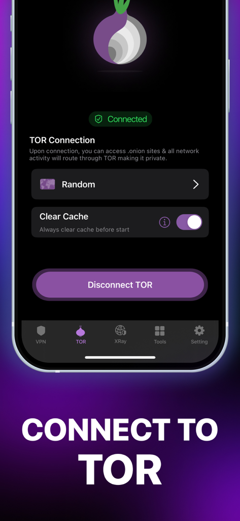 OrNET VPN - OrNET VPN app interface showing a secure connection to the TOR network with options for anonymous browsing and cache clearing.