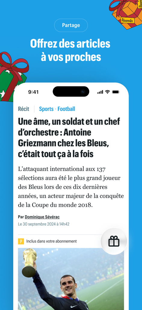 Screenshot of Le Parisien news app showing the feature to gift and share articles with others.