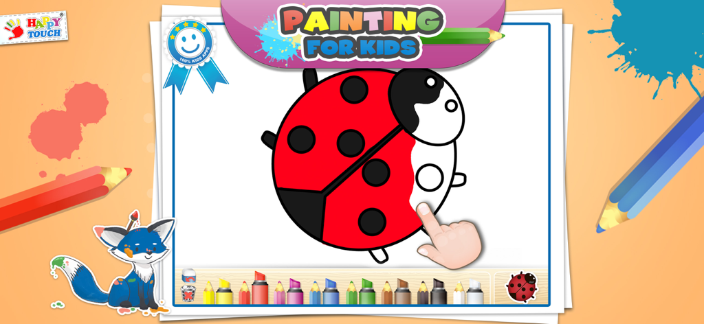 Ein Kind malt in der Benutzeroberfläche der App Malspiele für Kinder Happytouch einen Marienkäfer rot