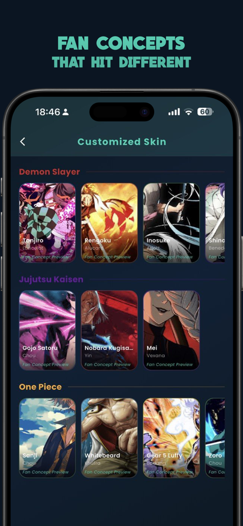 Vinzz Tools GFX interface showing fan concept customized skins from anime like Demon Slayer, Jujutsu Kaisen, and One Piece.