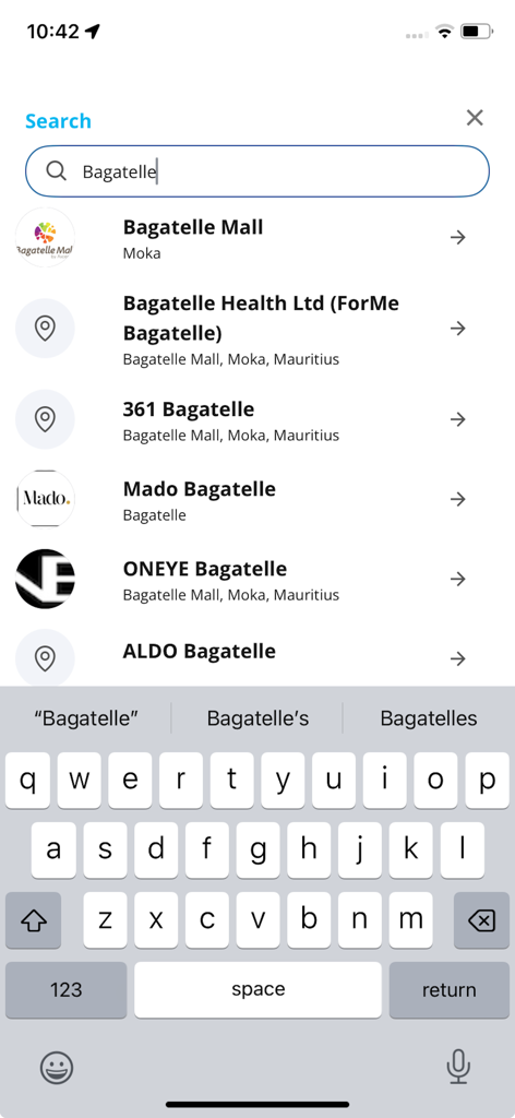 MCCI Tax Free Shopping - Search interface of the MCCI Tax Free Shopping app showing results for stores in Bagatelle Mauritius