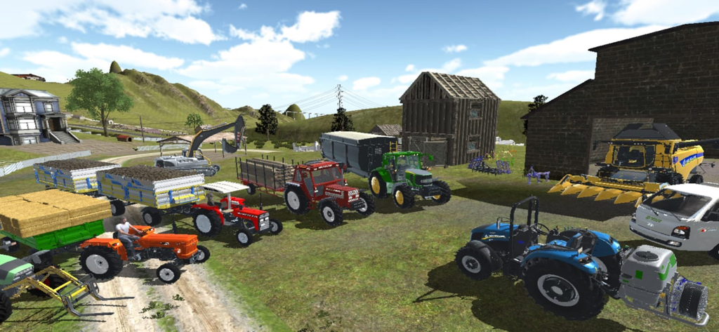 Tractor Forest Farm Simulator - Una variedad de tractores y maquinaria agrícola pesada mostrada en una granja en un juego de simulación 3D