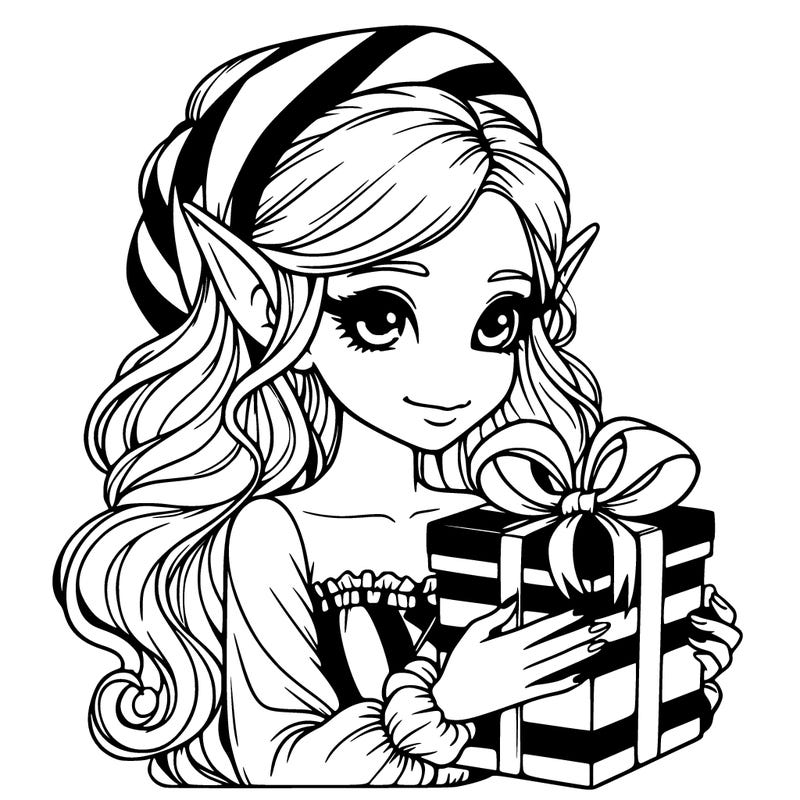 realistic girl with elf ears with a gift box