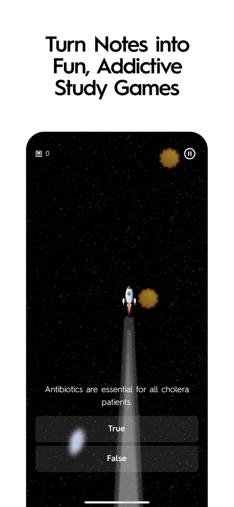 Gamified study interface in ExamCrush app featuring a space themed quiz