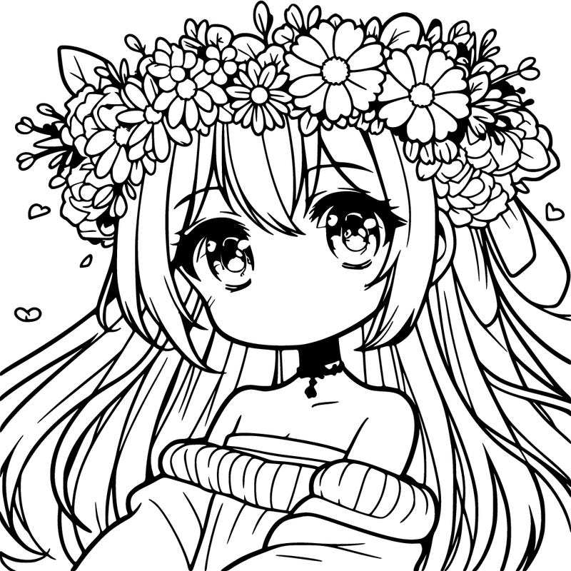 very cute anime girl with flowers as a crown