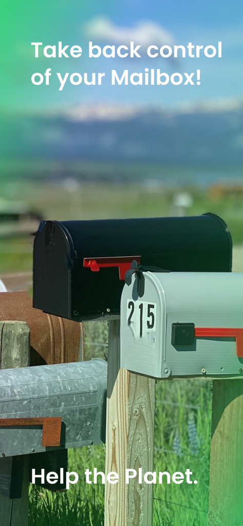 PaperKarma - Stop Junk Mail - Fila de buzones residenciales en un entorno exterior pintoresco con el texto para recuperar el control de tu buzón y ayudar al planeta