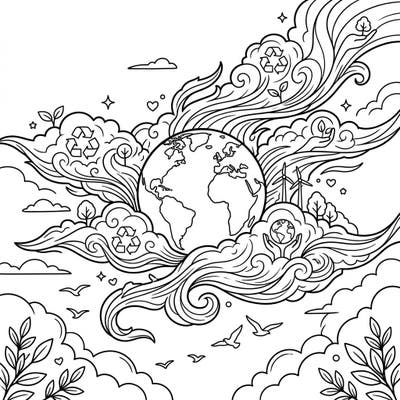 Soar into environmental awareness with this stunning Earth Day coloring page, featuring the planet enveloped by swirling cirrus clouds. Discover hidden recycling symbols and renewable energy elements as you bring this vibrant message to life.