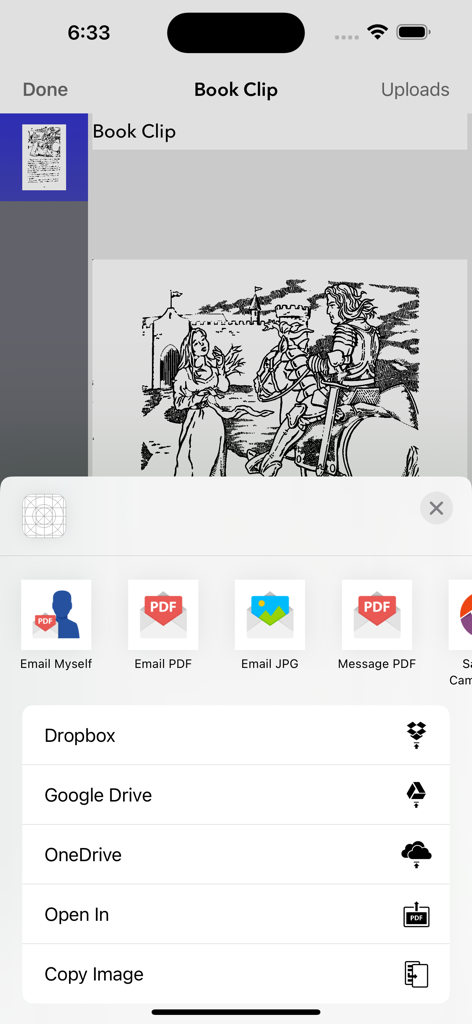 Scan It All Pro - Interfaz de la aplicación Scan It All Pro mostrando opciones para compartir y exportar a la nube, incluyendo Dropbox y Google Drive