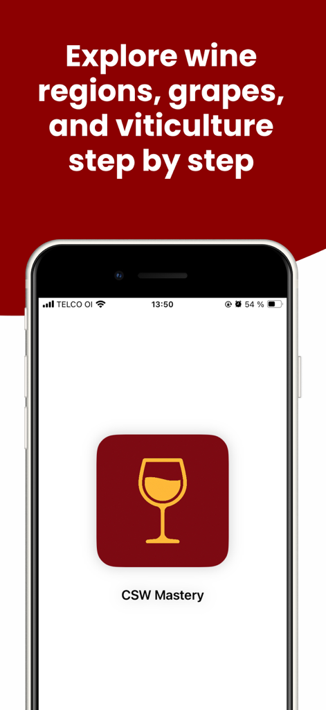 CSW Mastery - CSW Mastery app introductory screen for wine certification study featuring viticulture and wine region exploration text