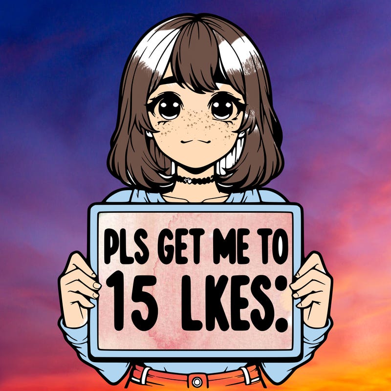 realistic girl holding up a sign that says “pls get me to 15 likes!”