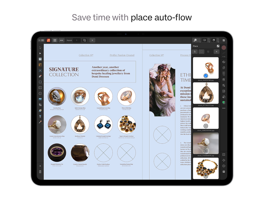 Progettazione di un layout di catalogo di gioielli utilizzando la funzione di auto-flow in Affinity Publisher 2 su iPad
