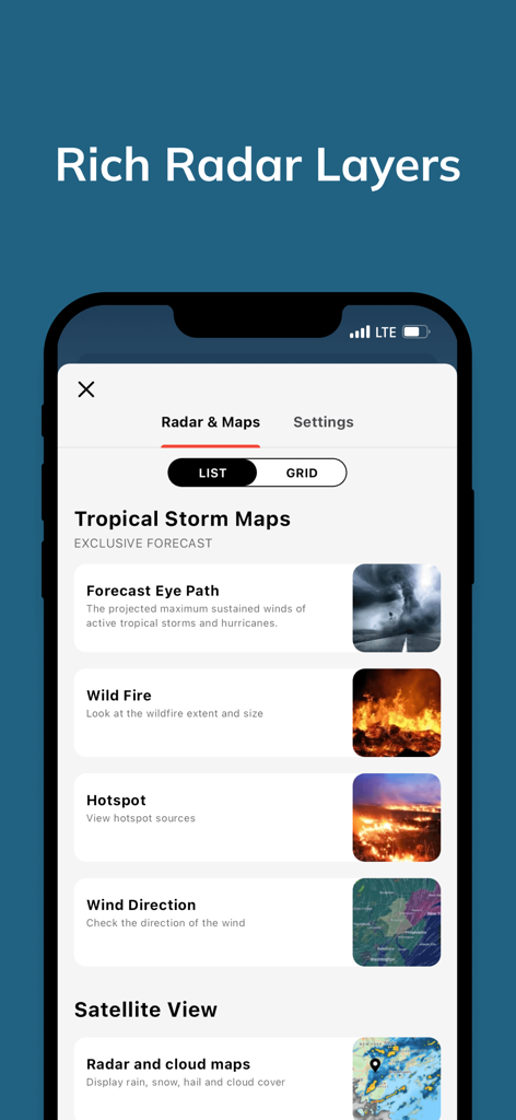 My Weather Tracker & Alerts - Menu of interactive weather radar layers including tropical storm paths and wildfire hotspots