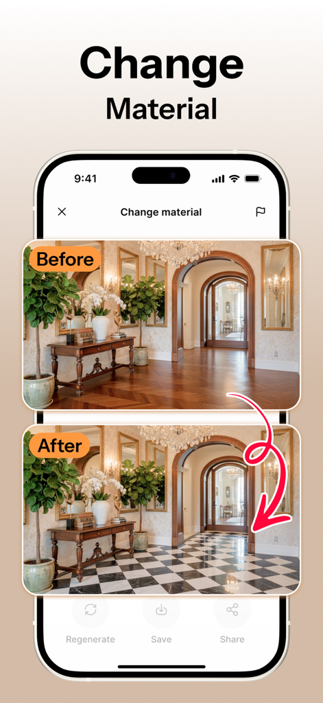 Before and after comparison of a hallway floor material changed from wood to tile using the HomeMagic AI app.