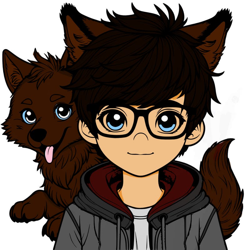 realistic boy with a wolf cut and horns and tail and glasses.