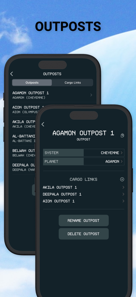 Companion & Guide for SF - Interface do aplicativo móvel exibindo uma lista de postos avançados do jogo e gerenciamento detalhado de elos de carga para o jogo Starfield