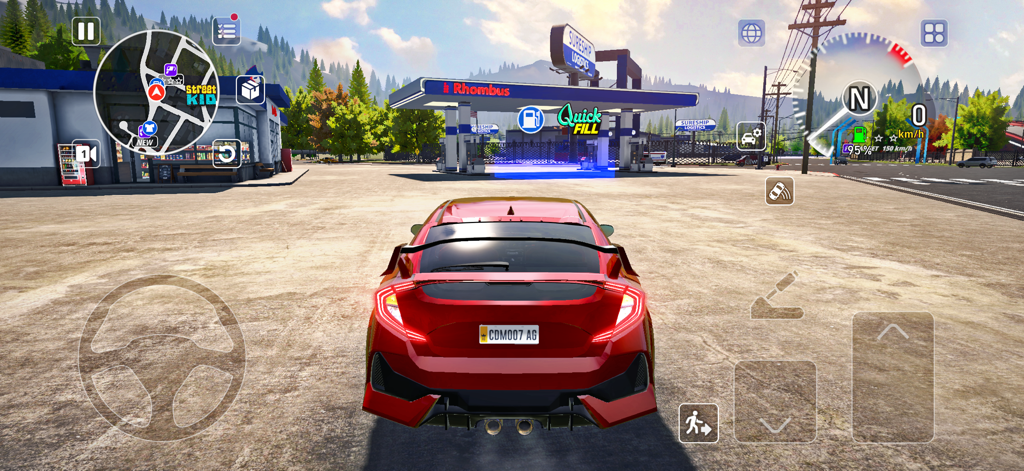 Un coche deportivo rojo aparcado en una gasolinera Rhombus en el entorno del juego móvil Car Driving Multiplayer.