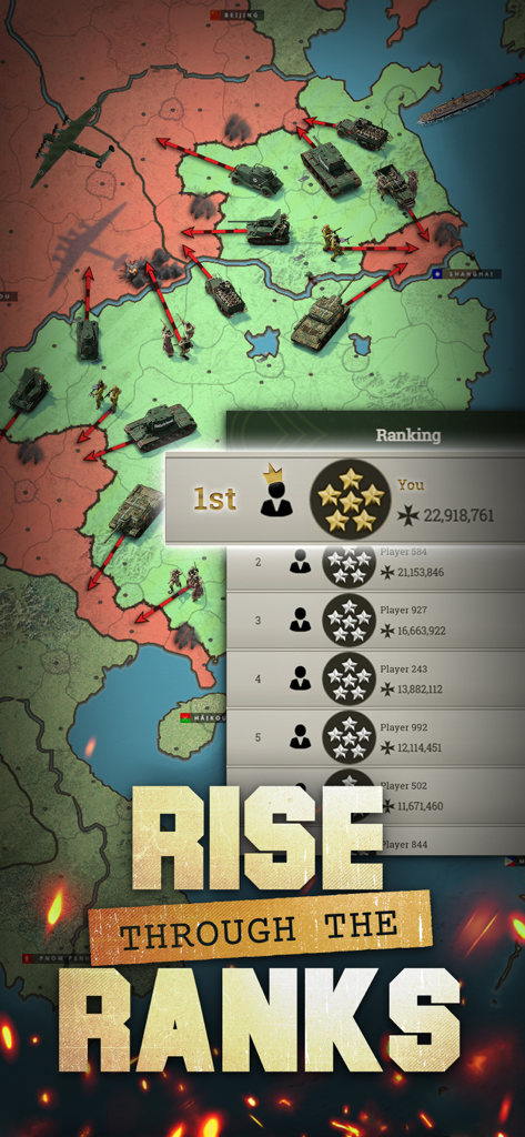 Supremacy: Call of War 1942 - World War 2 strategy map with military units and a player leaderboard ranking
