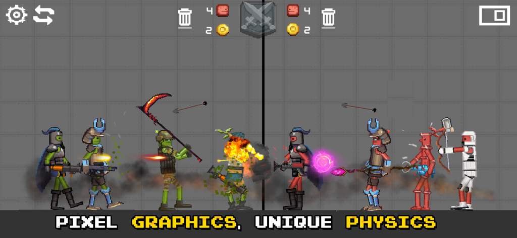 Battle Playground - Simulación de batalla pixelada con personajes ragdoll luchando en Battle Playground.