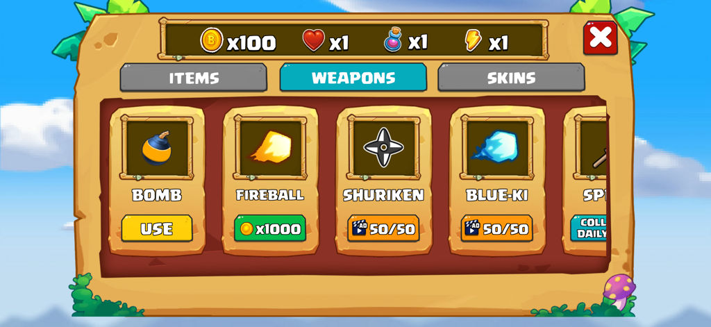 Billy's Jungle Adventure - Weapon selection menu in Billys Jungle Adventure showing power-up items like bombs and fireballs