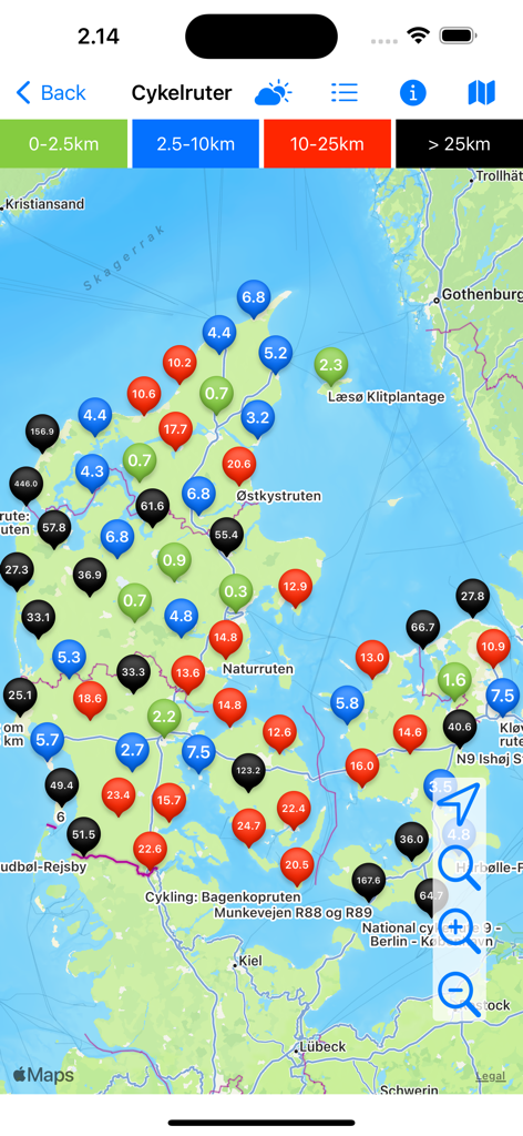 Interaktive Karte von Radwegen in Dänemark, farblich nach Entfernung kodiert