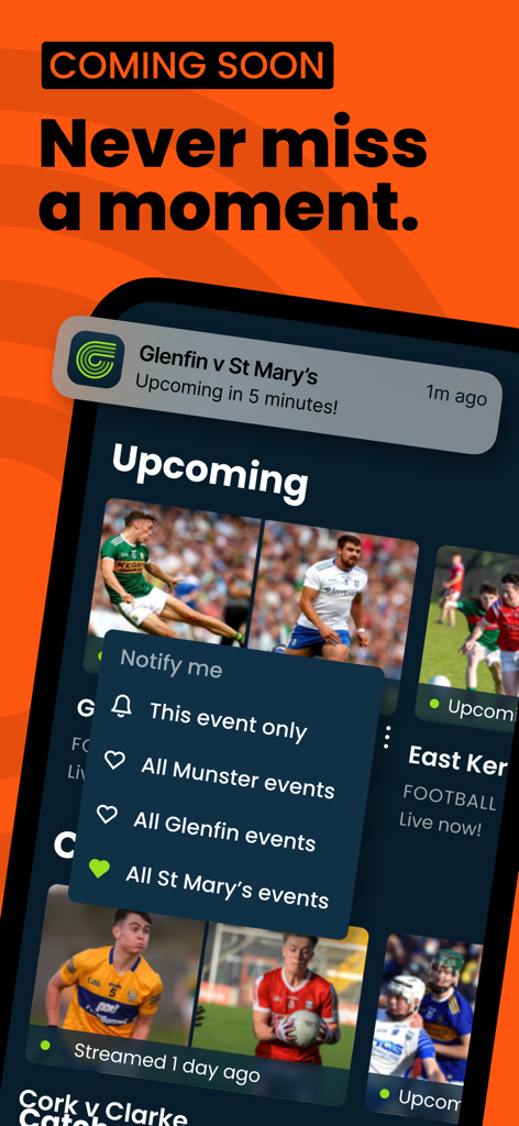 Clubber TV - Screenshot of Clubber TV app with upcoming match alerts and notification options