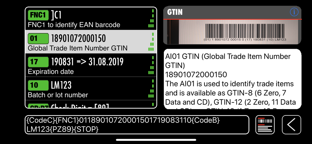 Interfaccia dell'app Controllo Codici a Barre che mostra dati GS1 analizzati, inclusi GTIN e numero di lotto