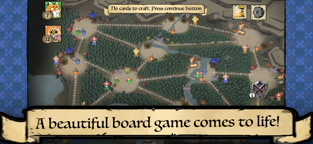 Root Board Game - Écran de jeu du jeu de société Root montrant la carte de la forêt et les portraits des personnages.