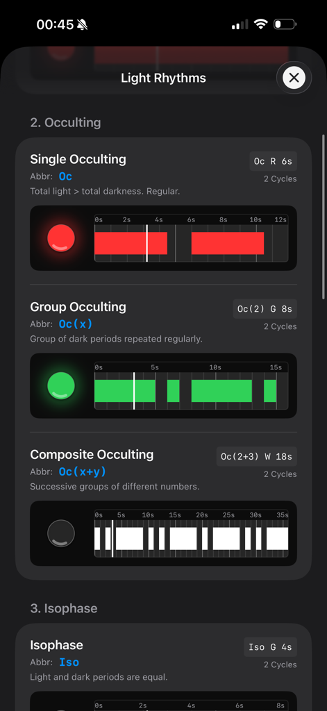 Maritime Master – IALA Buoyage - Educational interface showing maritime navigation light rhythms for occulting and isophase patterns