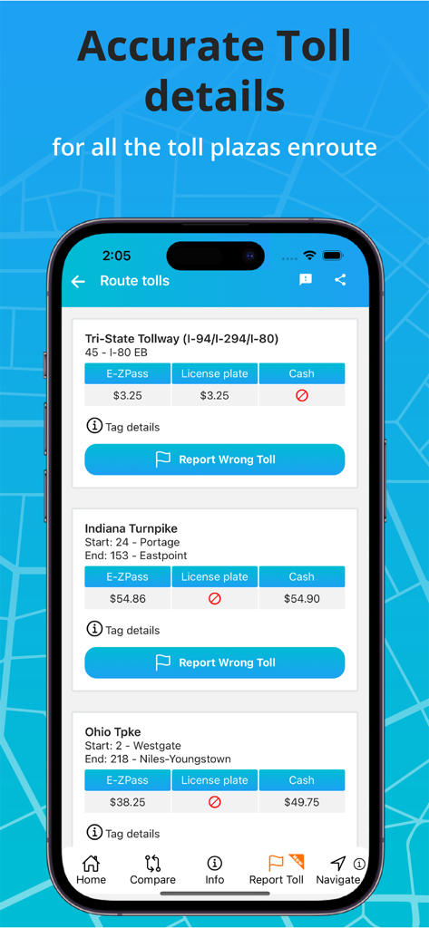 Toll & Gas Calculator TollGuru - Screen showing detailed toll costs for Tri-State Tollway Indiana Turnpike and Ohio Turnpike with E-ZPass and cash options