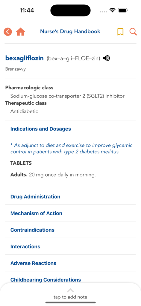 Pantalla móvil que muestra los detalles del medicamento bexagliflozin en la aplicación Nurses Drug Handbook.