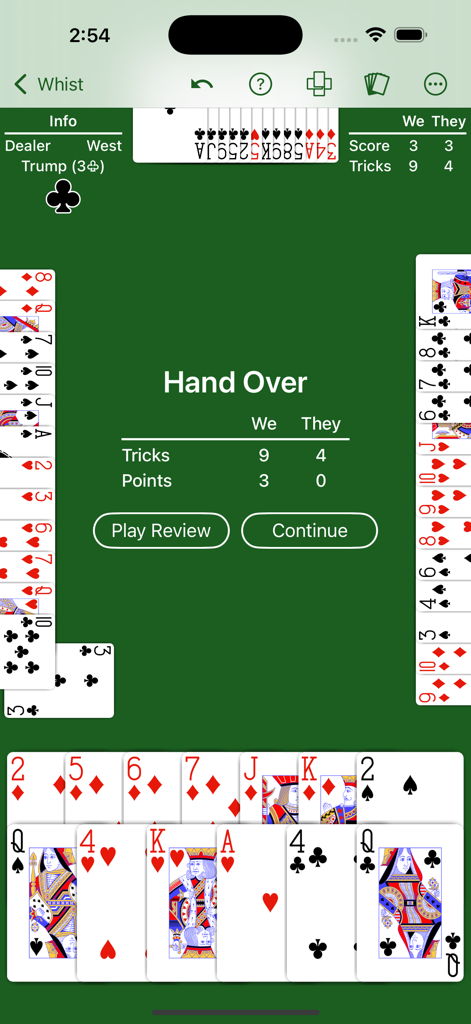 Whist - Expert AI - Gameplay screen of Whist showing hand results with tricks and points scored on a green table background.