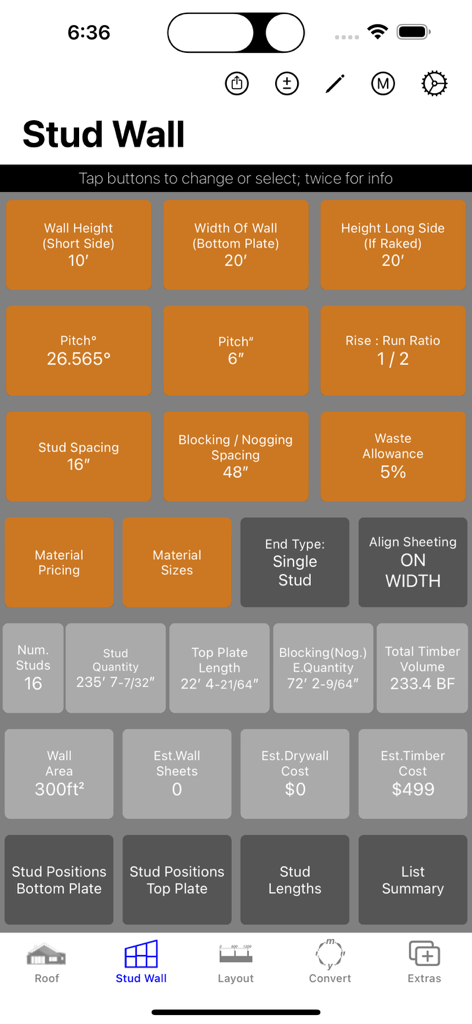 스터드 벽 골조 및 자재 견적을 위한 인터페이스