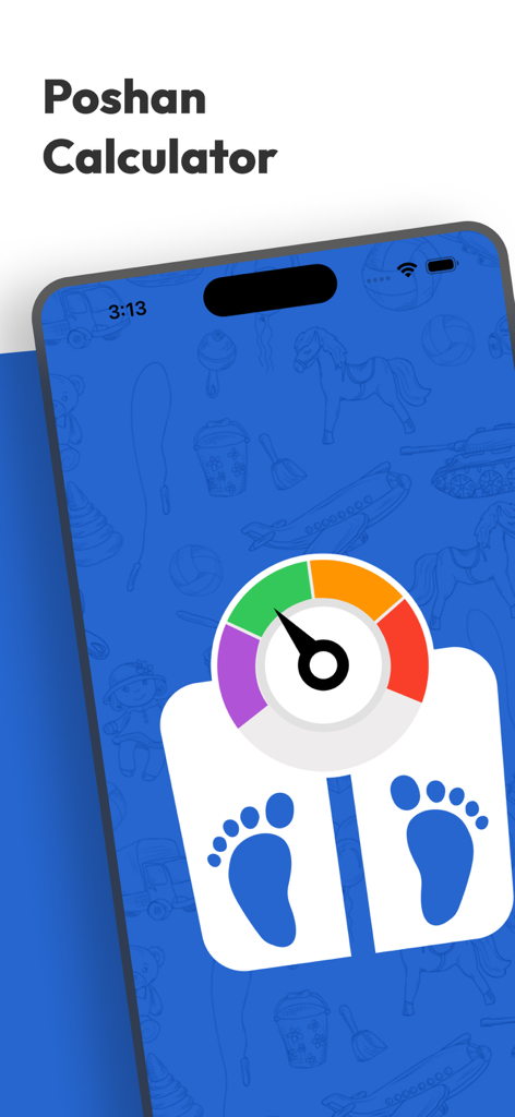 Smartphone screen showing the Poshan Calculator app interface with a weight scale icon for tracking child development