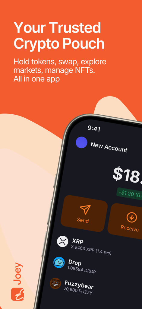 Joey Wallet - Joey Wallet mobile app interface showing cryptocurrency balances and the headline Your Trusted Crypto Pouch