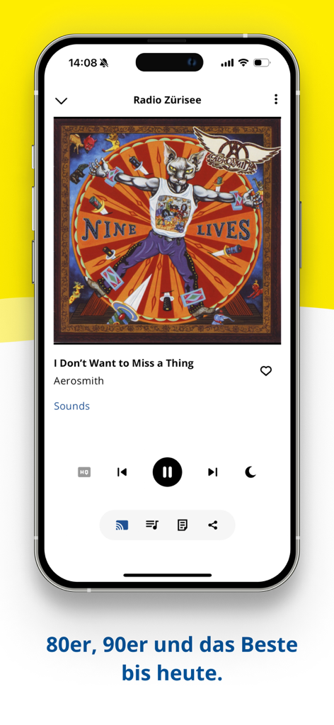 Radio Zürisee - Interfaz del reproductor de música de la aplicación Radio Zürisee en un iPhone mostrando la carátula del álbum de Aerosmith y los controles de reproducción