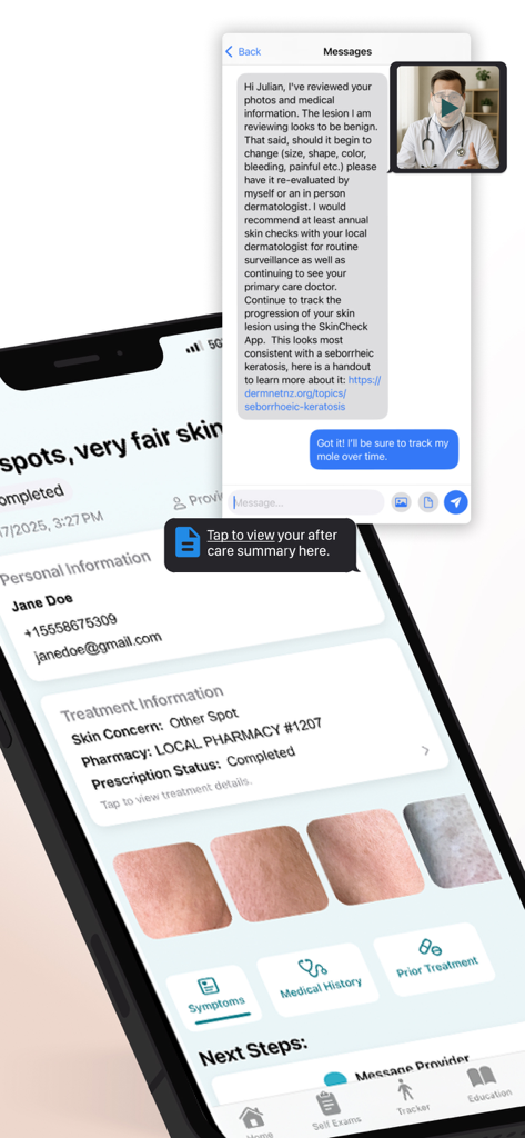 Interface of the Skin-Check app displaying a skin health summary and a message from a medical provider