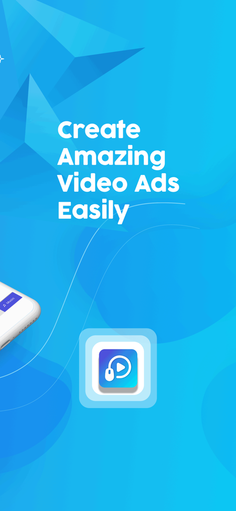 Pantalla de introducción para la aplicación AVM Advertising Video Maker con el lema Crea Increíbles Vídeos Publicitarios Fácilmente