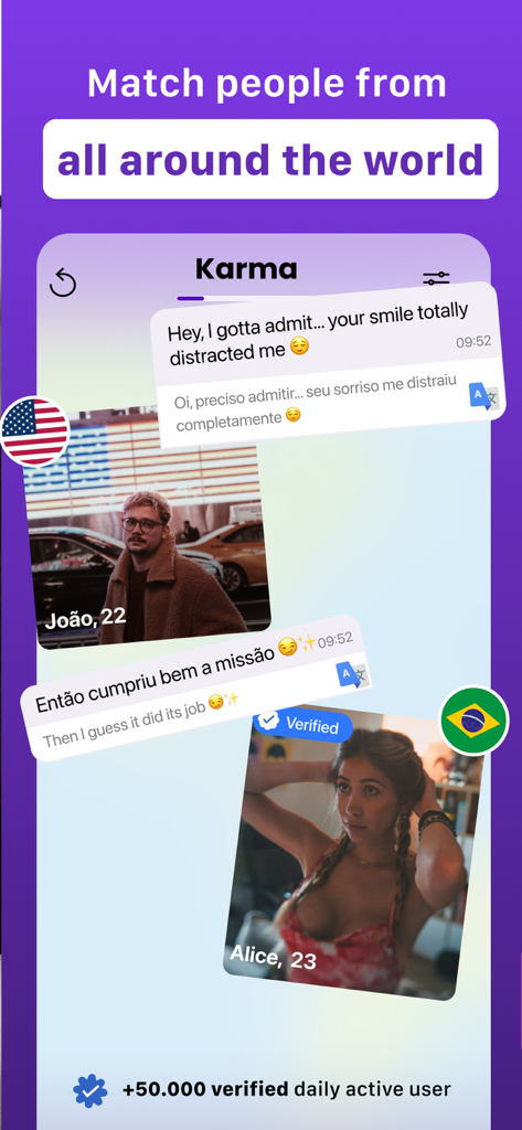 Karma - International Dating - Pantalla de la aplicación de citas Karma que muestra emparejamiento de perfiles internacionales y traducción automática de chats