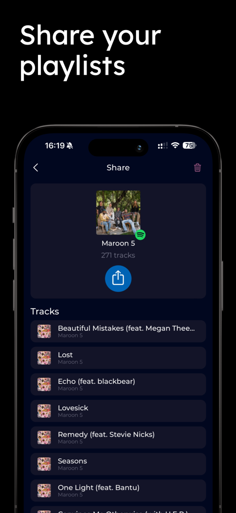 Music transfer & stats: Swapy - Interfaz de la aplicación Swapy que muestra la función de compartir playlists de música para una playlist de Spotify