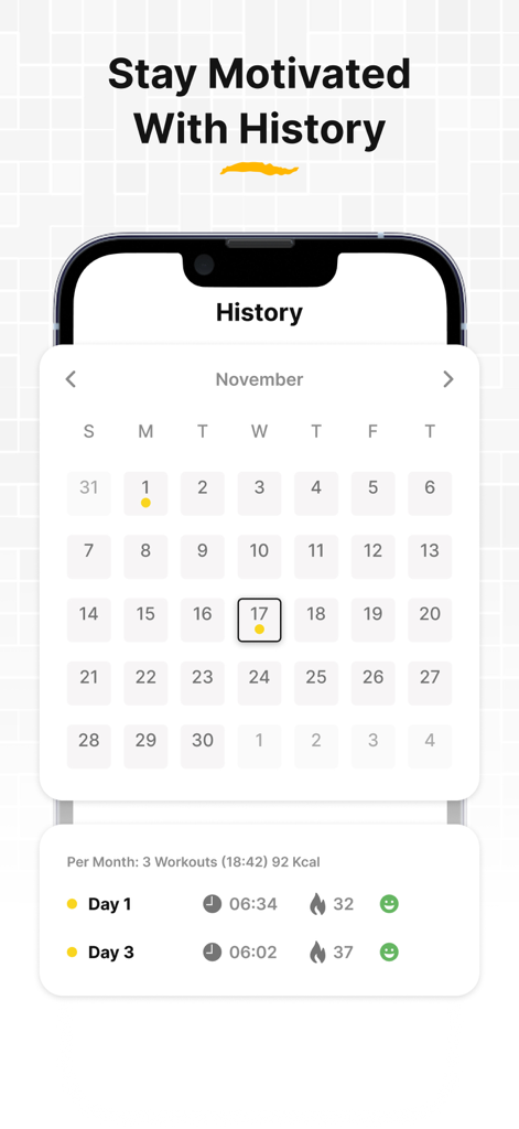 30 Day Butt Challenge workout - Workout history calendar screen showing completed days and calories burned